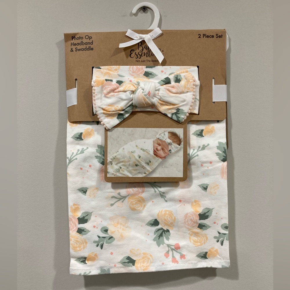 NWT Baby Essentials Floral Matching Set Bow Headband and Swaddle